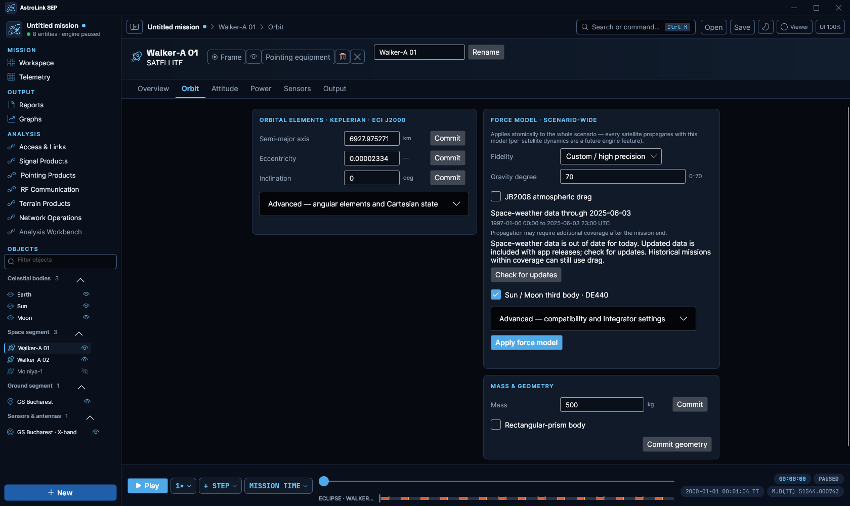 AstroLink SEP Orbit page for a sample mission, with orbital elements, force-model settings and space-weather coverage