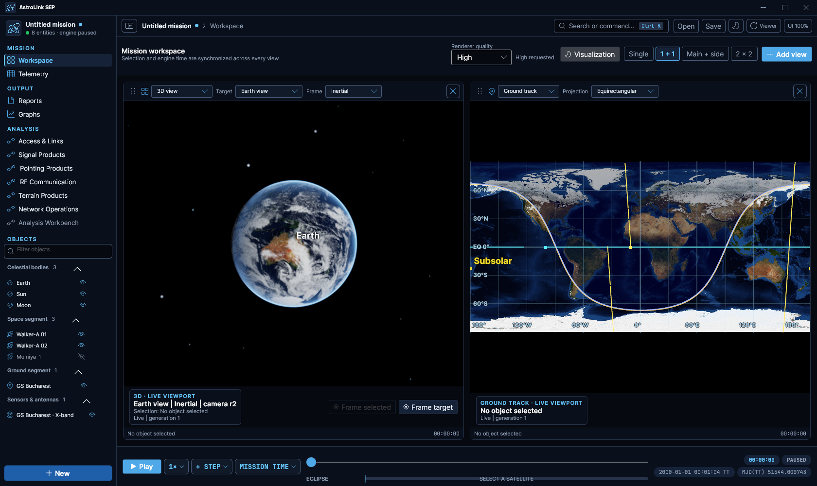 AstroLink SEP satellite mission analysis workspace with live 3D Earth and ground-track views